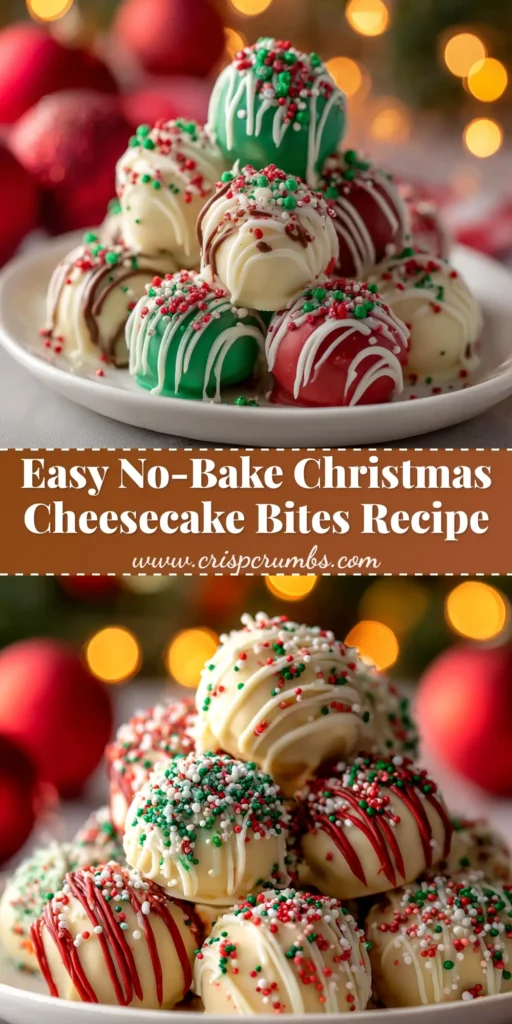 A platter of No-Bake Christmas Cheesecake Bites coated in white chocolate and decorated with red and green sprinkles, ready for a holiday party.