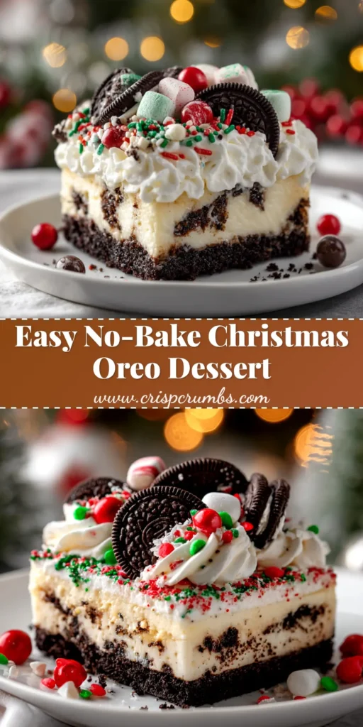 A slice of No-Bake Christmas Oreo Lasagna on a white plate, showing distinct layers of Oreo crust, cream cheese filling, and chocolate pudding, topped with whipped cream and festive sprinkles.