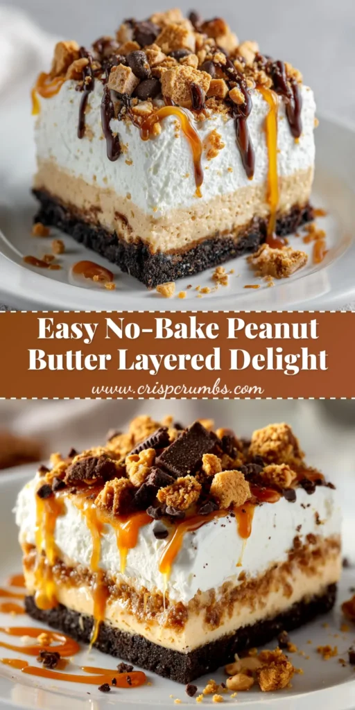 A top-down view of a delicious no-bake peanut butter dessert in a square pan, with one slice removed to show the creamy layers.