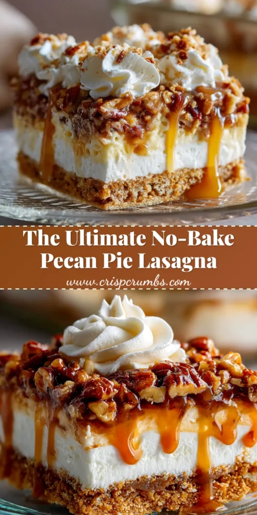 A large slice of Pecan Pie Lasagna on a white plate, showcasing its distinct layers of graham cracker crust, cheesecake, butterscotch pudding, and whipped topping with pecans.