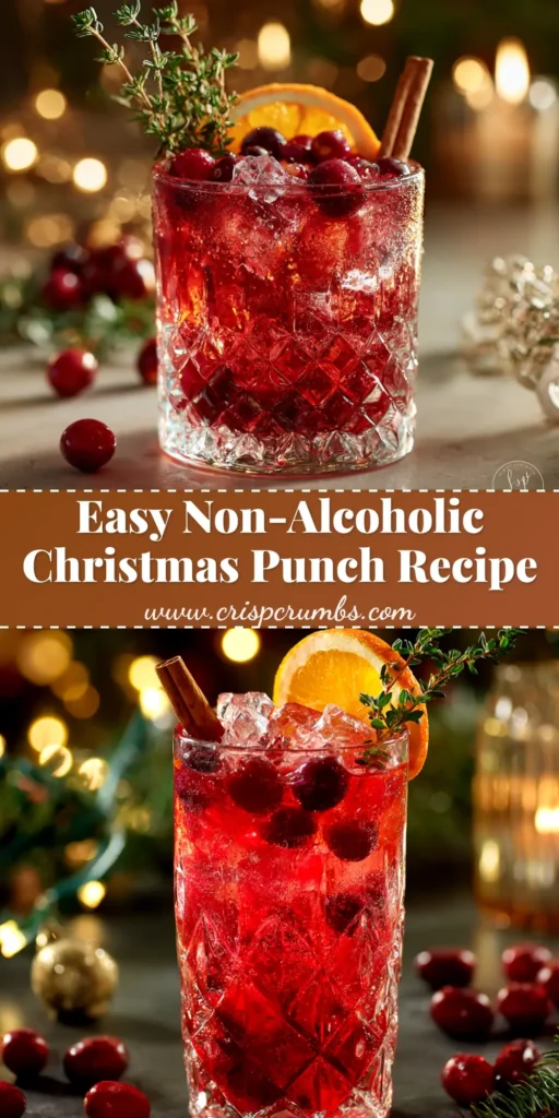 A large glass punch bowl filled with vibrant red non-alcoholic Christmas punch, garnished with fresh cranberries, orange slices, and rosemary. The text overlay reads 'Easy Non-Alcoholic Christmas Punch'.