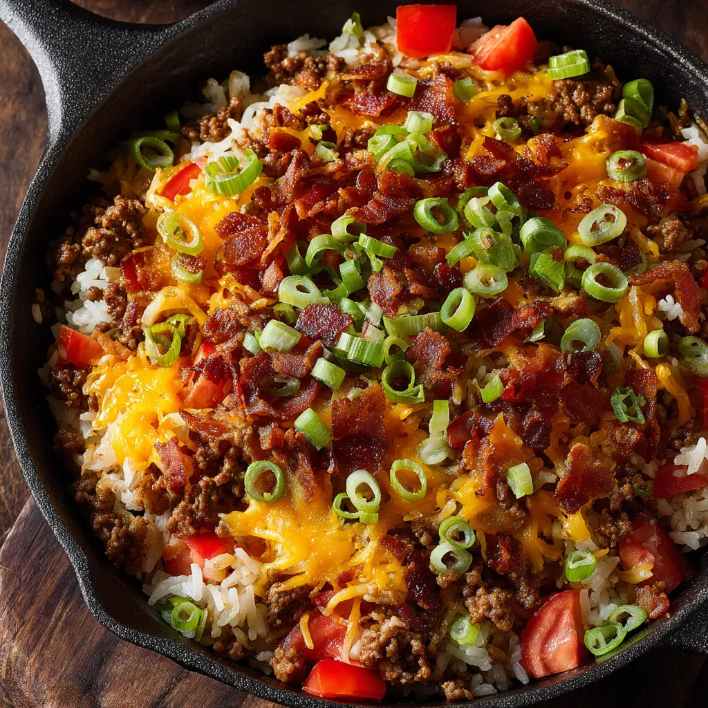 The finished Bacon Cheeseburger Rice Skillet garnished with fresh parsley and crispy bacon crumbles, ready to be served for a family-friendly meal.
