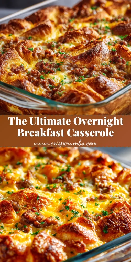 A golden-brown baked overnight croissant breakfast casserole in a white baking dish, ready to be served for a holiday brunch.