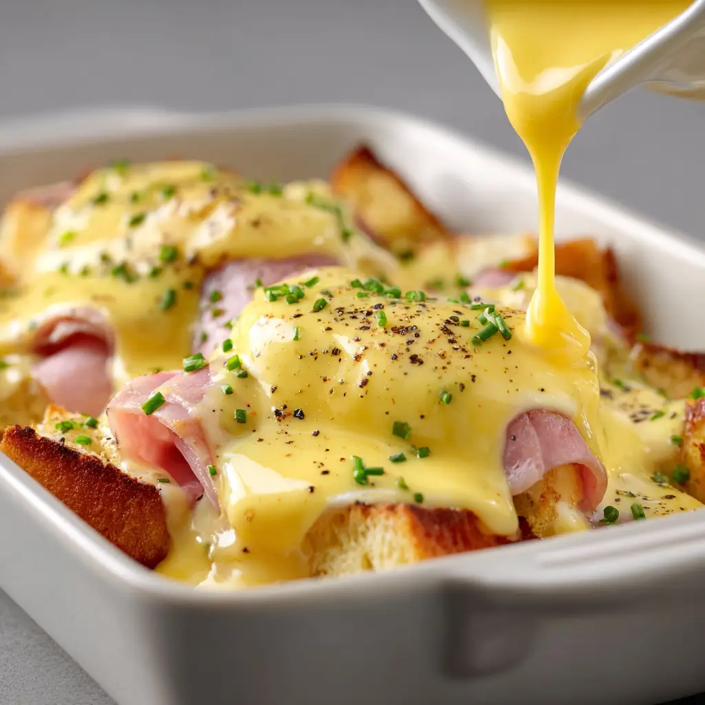 A 9x13 inch baking dish filled with freshly baked Eggs Benedict Casserole, showing the golden-brown top before being sliced.