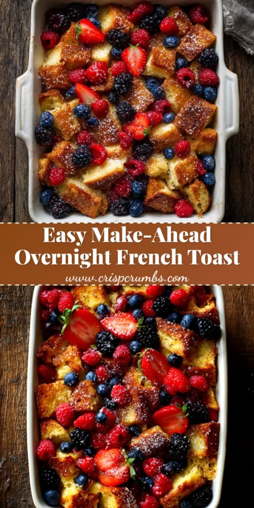 A close-up shot of a slice of overnight french toast casserole on a white plate, topped with powdered sugar and fresh berries. The casserole has a golden-brown, crispy top and a visible custardy texture.