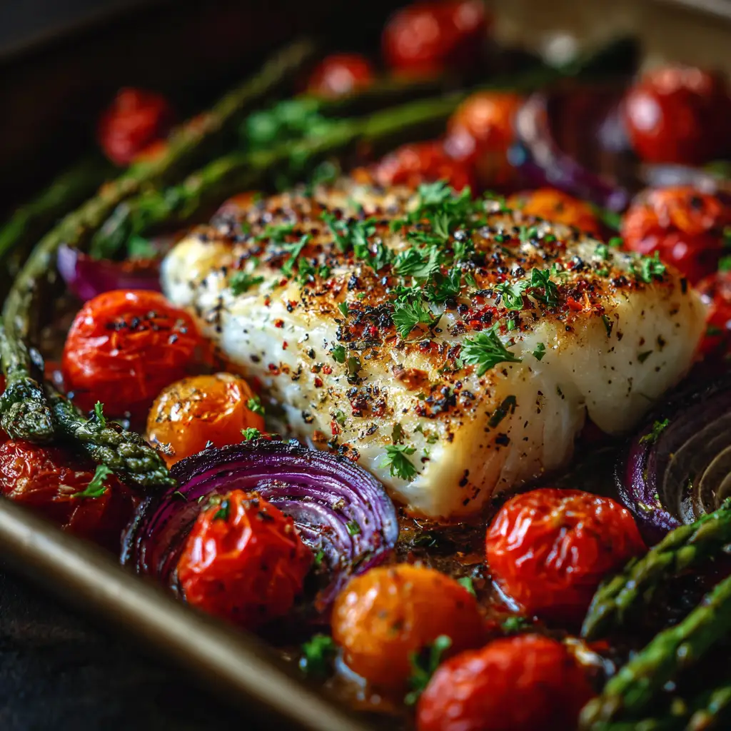 A perfectly pan-seared halibut fillet with a golden-brown crust, garnished with fresh herbs.