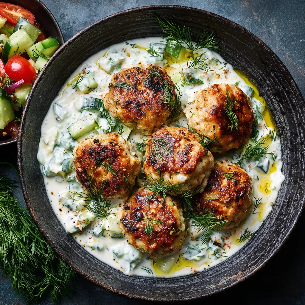 An overhead flat lay of golden-brown pan-seared Mediterranean chicken meatballs in a skillet, garnished with fresh herbs and feta.