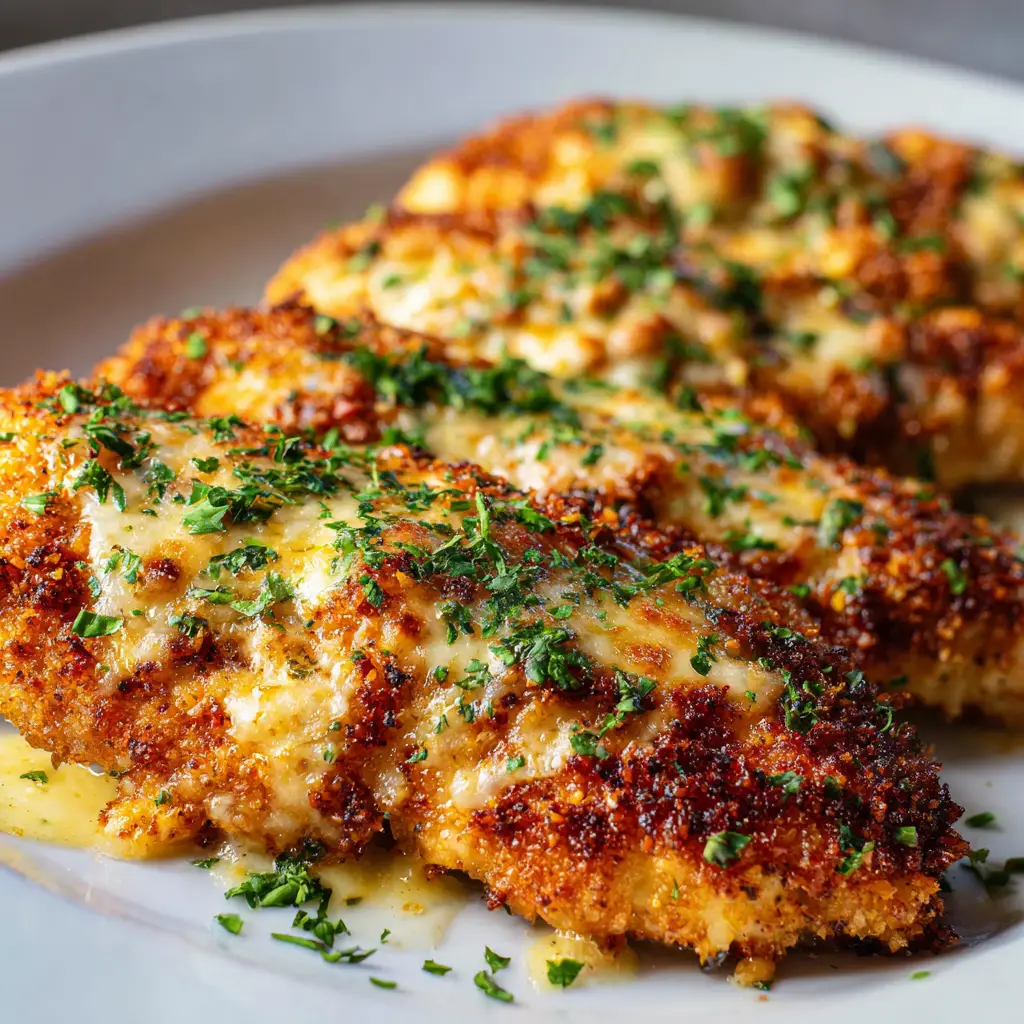 A slice of the Longhorn Parmesan Chicken showing the juicy, tender chicken breast underneath the savory crust.