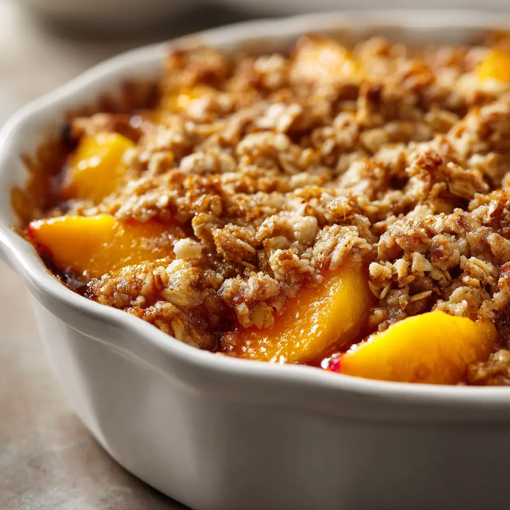 A close-up macro shot of the crispy oatmeal crumble on top of the homemade peach cobbler.