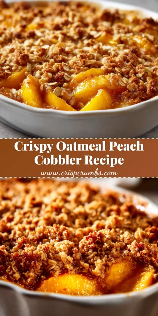 A serving of delicious peach cobbler with oatmeal topping in a white bowl, topped with a scoop of vanilla ice cream.