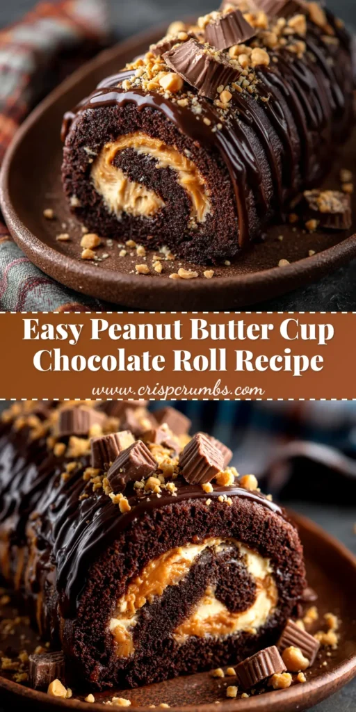 A beautiful slice of Peanut Butter Cup Chocolate Roll on a white plate, showing the perfect swirl of chocolate cake and creamy peanut butter filling.