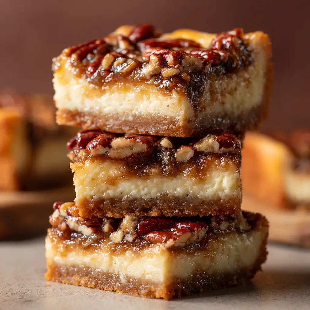 A single pecan pie cheesecake bar on a fork, ready to be eaten, with the rest of the bars in the background.