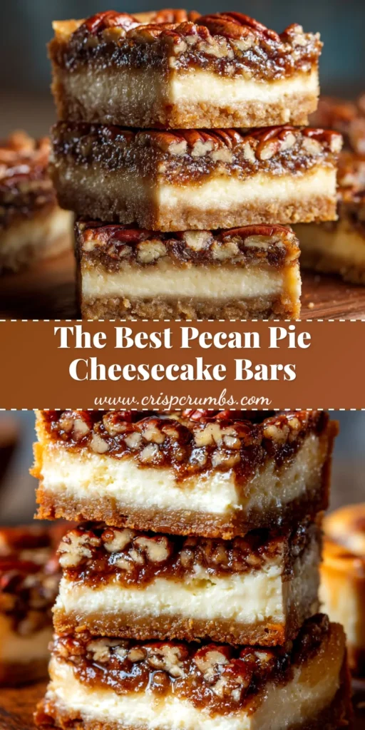 A close-up overhead shot of perfectly sliced pecan pie cheesecake bars arranged on a platter, showcasing the distinct layers of crust, cheesecake, and gooey pecan topping.