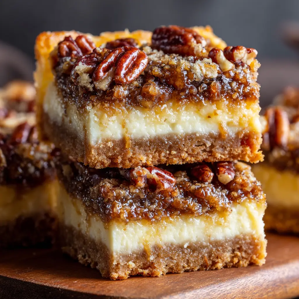 A stack of three pecan pie cheesecake bars on a white plate, showing the creamy cheesecake filling and rich pecan topping.