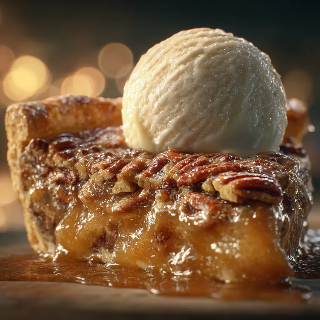 An extreme close-up of a warm slice of gooey pecan pie cobbler, with a fork taking the first bite. The buttery cake topping and rich caramel sauce are visible.