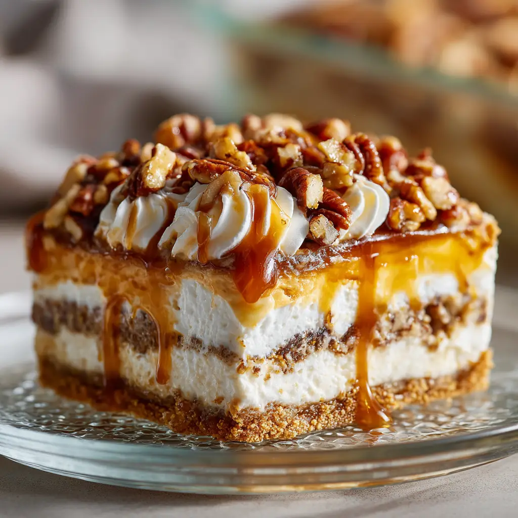 An extreme close-up of a perfect square slice of pecan pie layered dessert, highlighting the creamy butterscotch pudding and cheesecake layers.