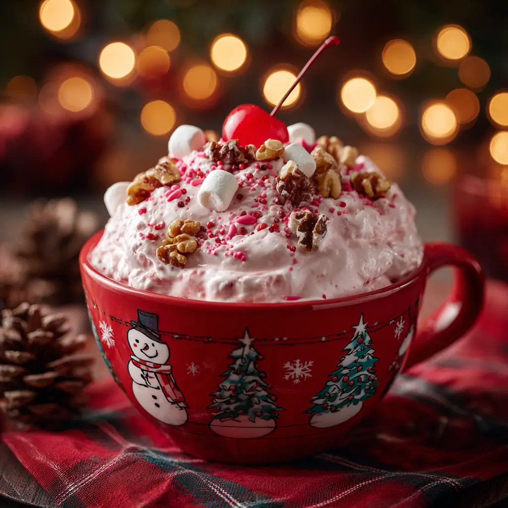 A close-up view of the pink stuff dessert salad, showcasing the creamy texture with pieces of cherry, pineapple, and mini marshmallows.