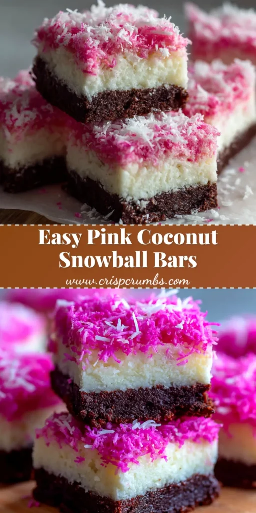 A stack of pink coconut snowball cake bars on a white plate, showing the fluffy marshmallow frosting and moist cake interior. The perfect easy dessert recipe.
