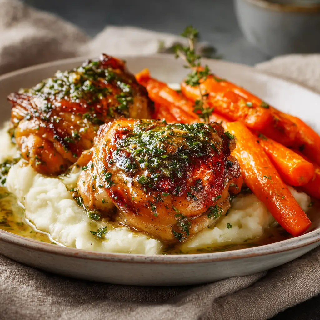 A serving of juicy baked garlic herb chicken on a rustic dinner plate, sliced to show the tender interior. A side of roasted asparagus accompanies the dish.