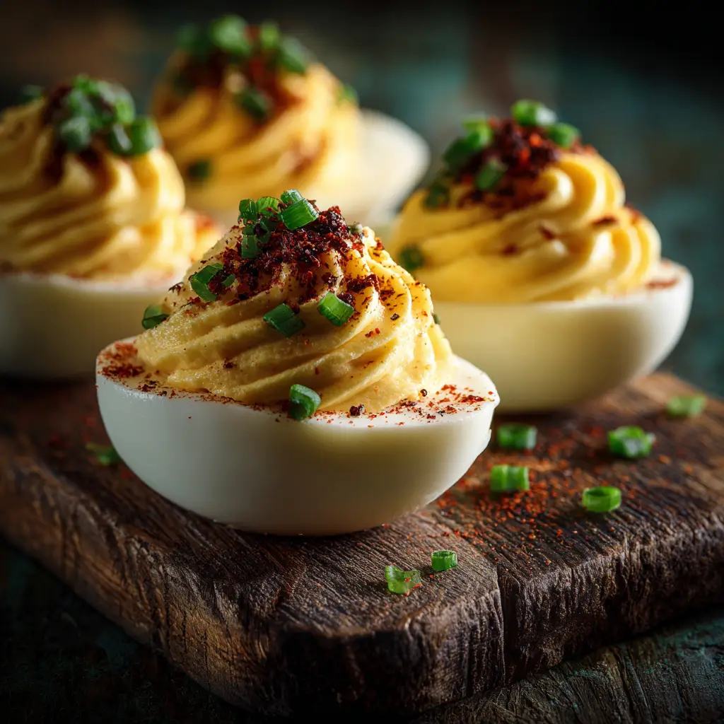 A platter of finished Million Dollar Deviled Eggs ready to be served, garnished with fresh chives and a dusting of smoked paprika.