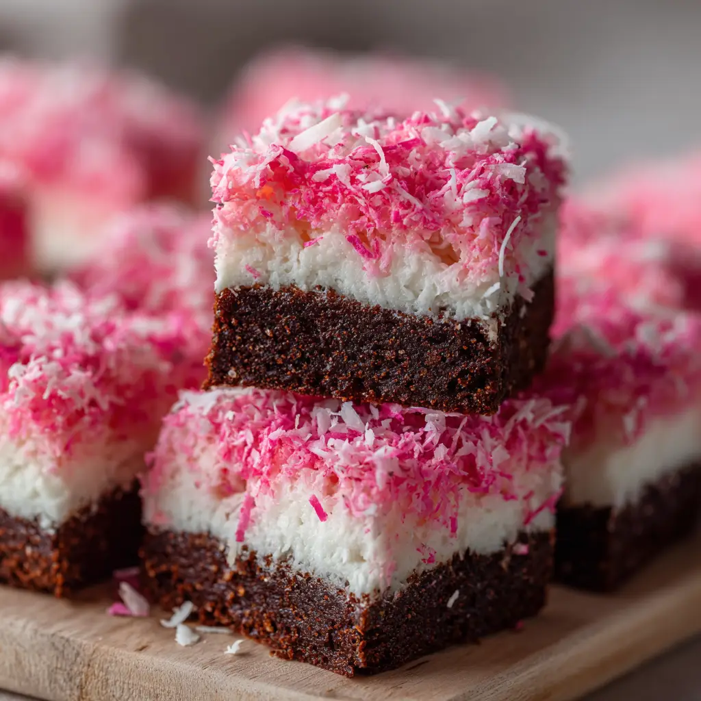 Several pink coconut snowball cake bars arranged neatly on a platter, ready to be served at a party.