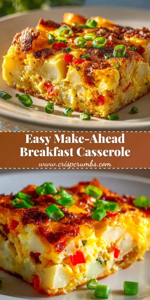An overhead shot of a delicious Potato Breakfast Casserole in a white baking dish, with a slice taken out to show the cheesy layers of egg, sausage, and potato.