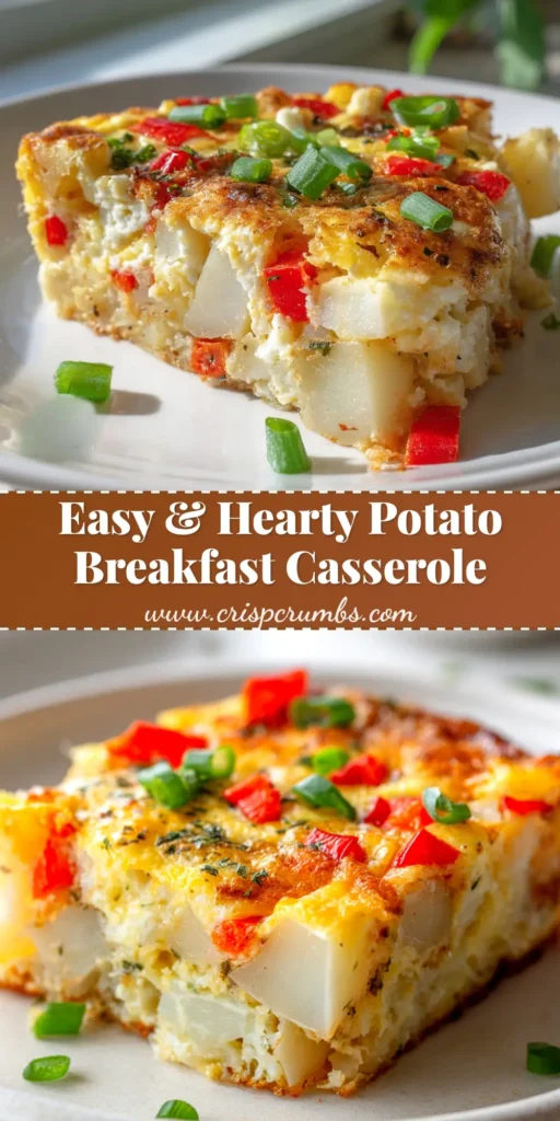 A delicious slice of potato breakfast casserole on a white plate, showcasing the cheesy top and layers of egg, sausage, and potatoes. Perfect for a savory brunch.
