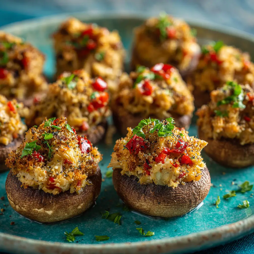 A close-up shot of creamy crab-stuffed mushrooms being prepared for baking. The rich filling is mounded high in cremini mushroom caps.