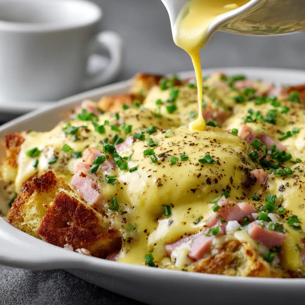 Layering the ingredients for the breakfast casserole, with cubed English muffins and Canadian bacon in a baking dish before adding the egg custard.