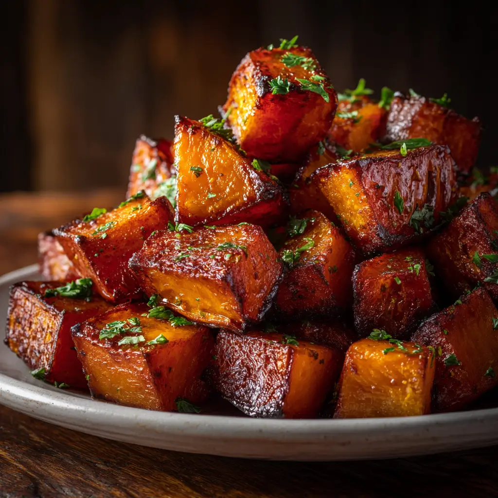 Butternut squash cubes being tossed in a brown sugar glaze in a large mixing bowl before roasting.