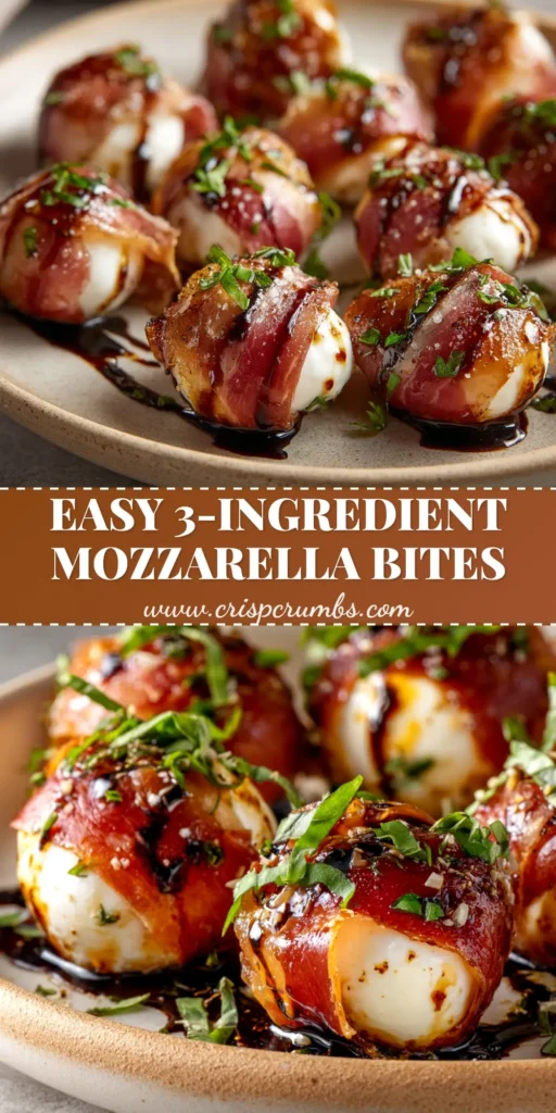 A platter of golden-brown prosciutto wrapped mozzarella bites, drizzled with balsamic glaze and garnished with fresh basil. The perfect easy appetizer.