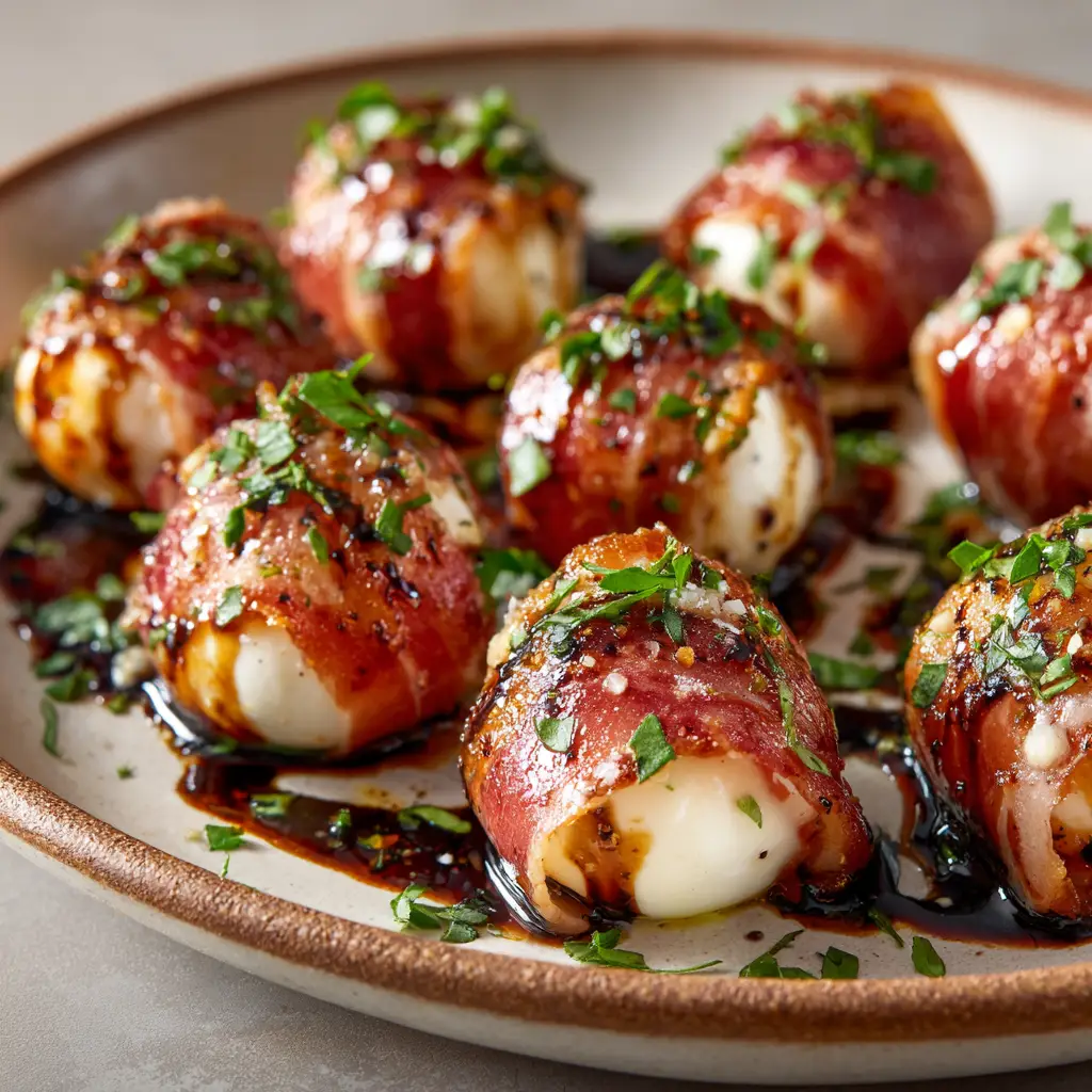 An extreme close-up of a glistening prosciutto wrapped mozzarella ball, showing the crispy texture of the prosciutto and a hint of melted cheese.