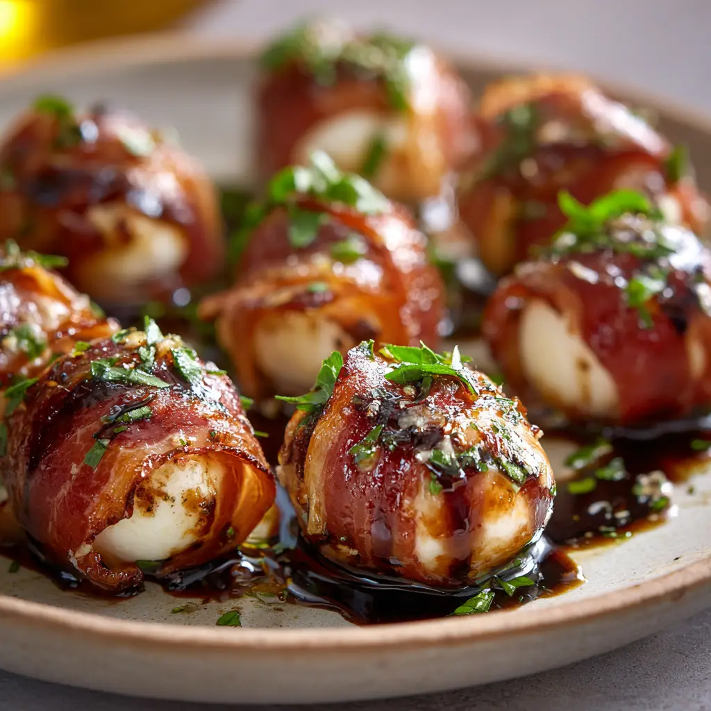A pan-seared prosciutto wrapped mozzarella bite cut in half, revealing the soft, gooey melted mozzarella and a fresh basil leaf inside.