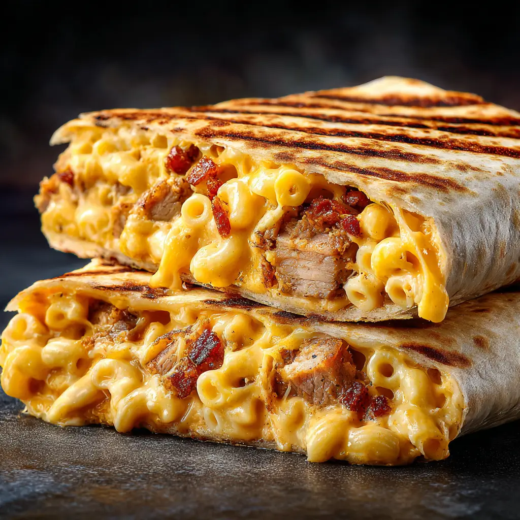 An extreme close-up of two grilled Pulled Pork Mac & Cheese Wraps sliced in half, revealing the cheesy, meaty filling.