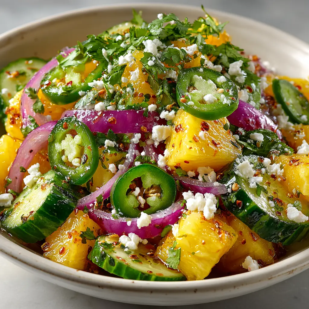 A spoonful of the refreshing cucumber pineapple salad, ready to be eaten. Highlights the juicy texture of the fruit and vegetables.