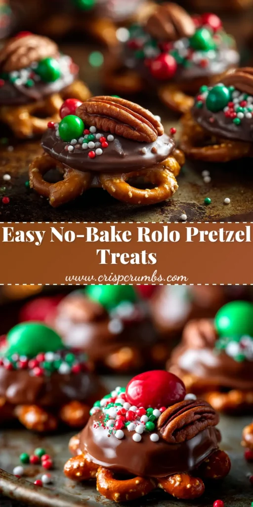 A tray full of delicious Rolo Pretzel Treats, perfectly arranged. The sweet and salty holiday candy shows off melted chocolate, caramel, and a pecan on a pretzel.