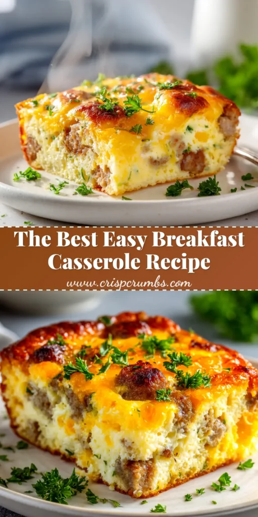 A delicious and easy sausage and egg casserole baked to golden brown perfection in a white baking dish, ready to be served for a crowd-pleasing breakfast.