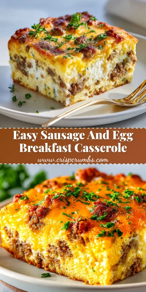 A delicious and easy sausage and egg casserole recipe, shown in a white baking dish with a slice taken out. The perfect make-ahead breakfast bake.