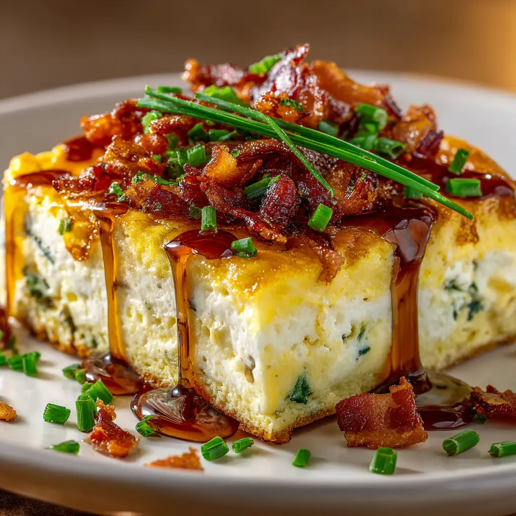 A fork cutting into a piece of sausage breakfast casserole, revealing the moist and savory interior.