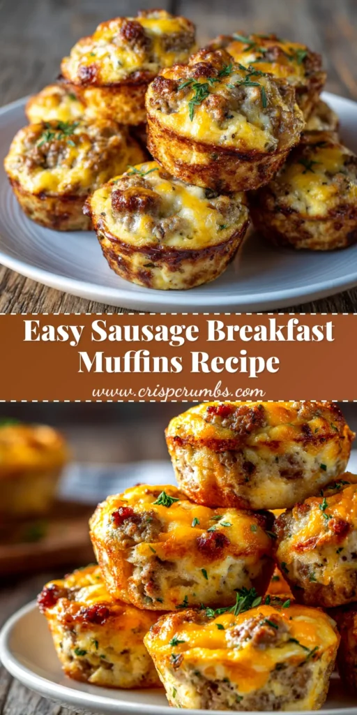 Easy and delicious Sausage Breakfast Muffins stacked on a plate. The perfect savory make-ahead breakfast recipe for busy mornings.