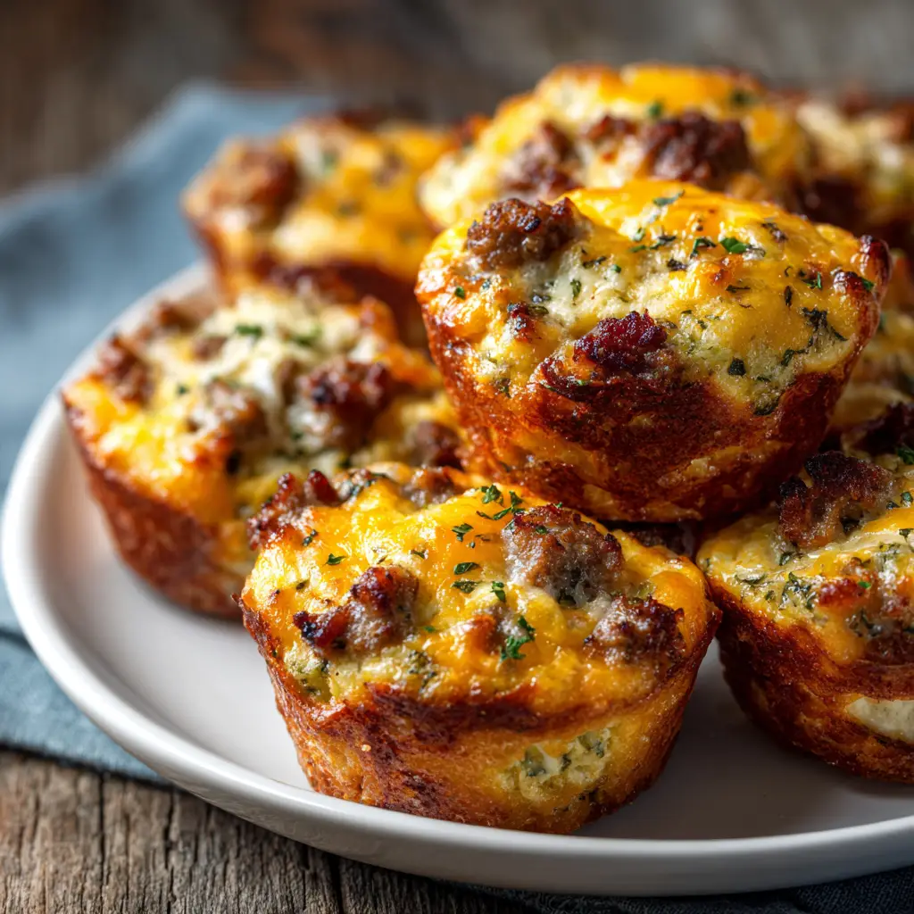 An extreme close-up of a savory sausage breakfast muffin, showing the fluffy egg and melted cheese texture inside.