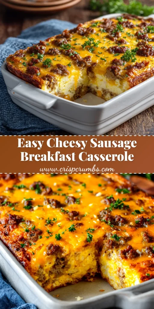 An overhead shot of a golden-brown sausage hash brown breakfast casserole in a white baking dish, with a slice taken out to show the cheesy layers.