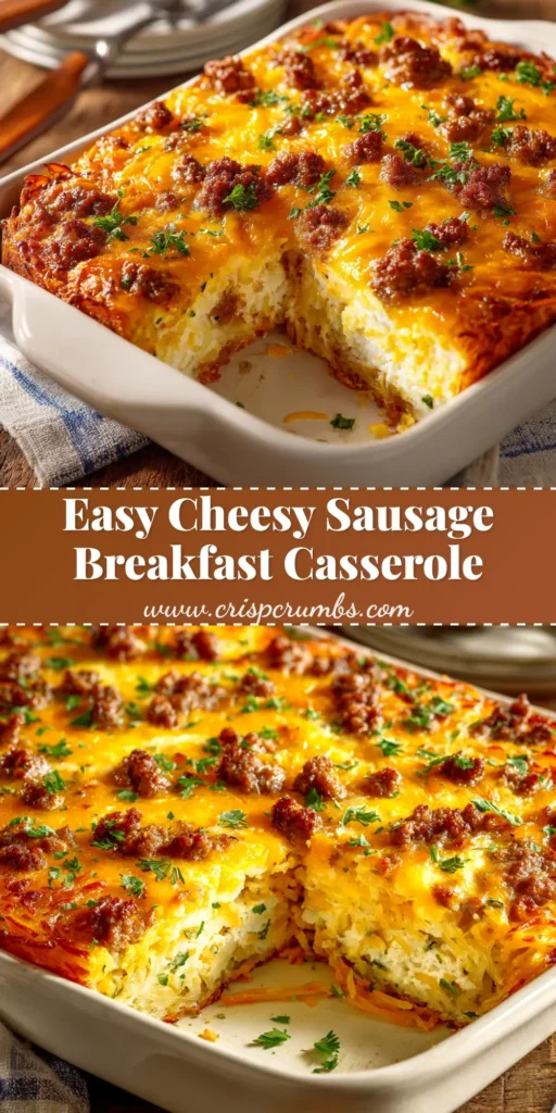 An overhead shot of a delicious Sausage Hash Brown Breakfast Casserole in a white baking dish, with a slice taken out to show the cheesy layers.