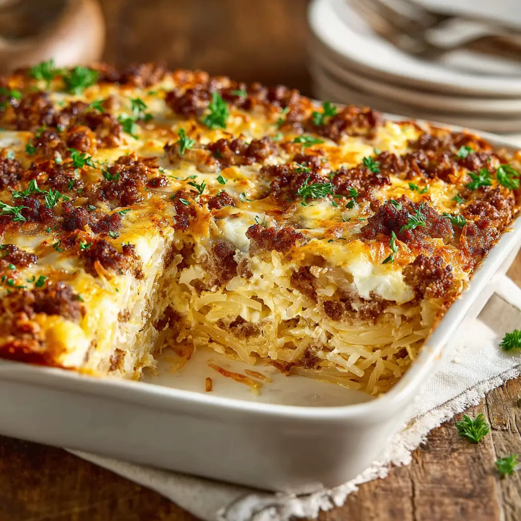 A slice of the sausage hash brown breakfast casserole on a white plate, ready to be served.