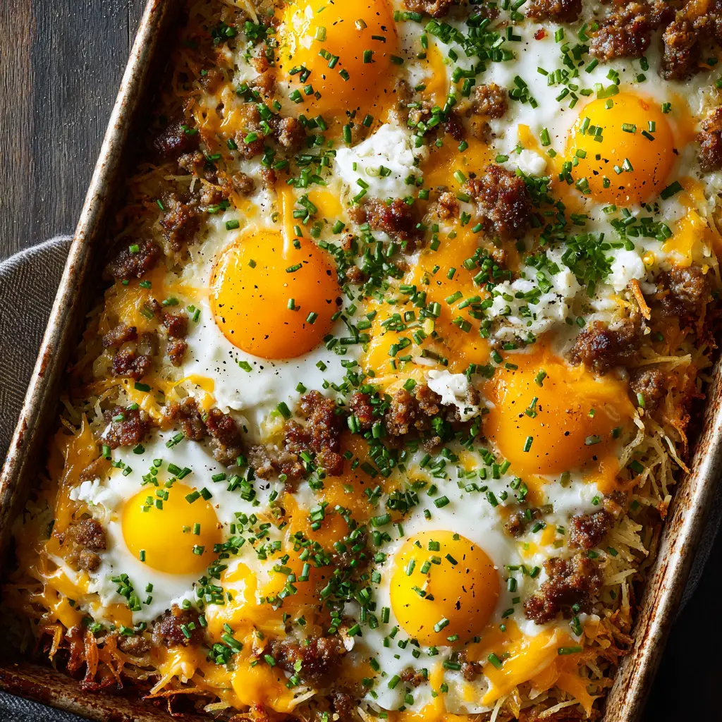 A close-up view of the layers in the easy breakfast casserole with hashbrowns, showing the sausage, egg, and cheese. This illustrates the texture of the dish.