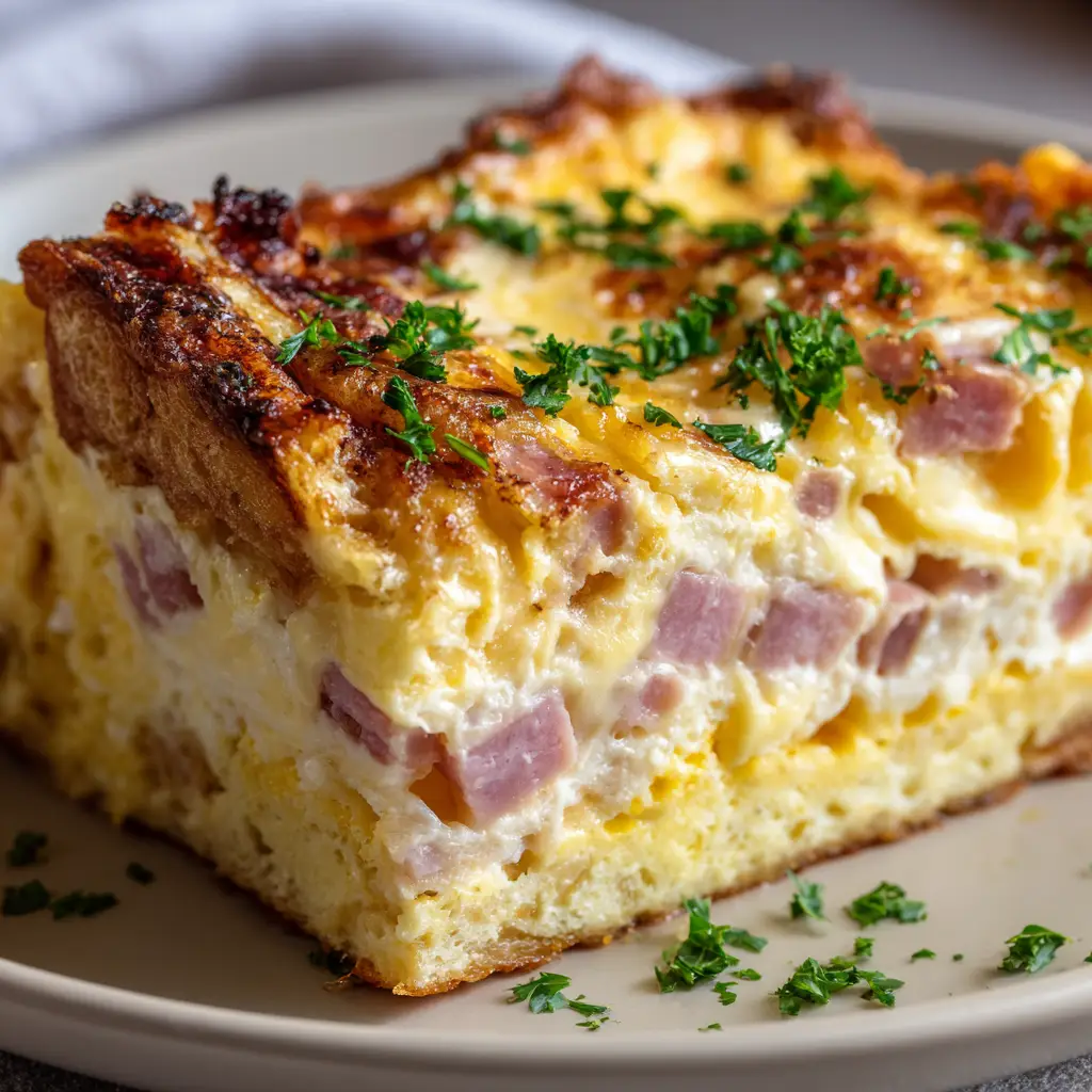 A detailed, extreme close-up of the golden-brown, crispy top of the savory bread pudding, ready to be served.