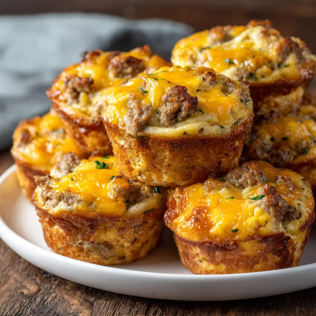 A savory sausage and egg breakfast muffin cut in half to show the delicious and hearty ingredients inside.