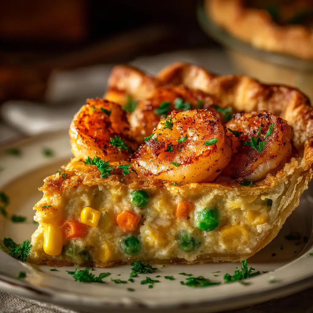A close-up slice of savory shrimp pie on a plate, showing the creamy filling with shrimp and melted cheddar cheese.