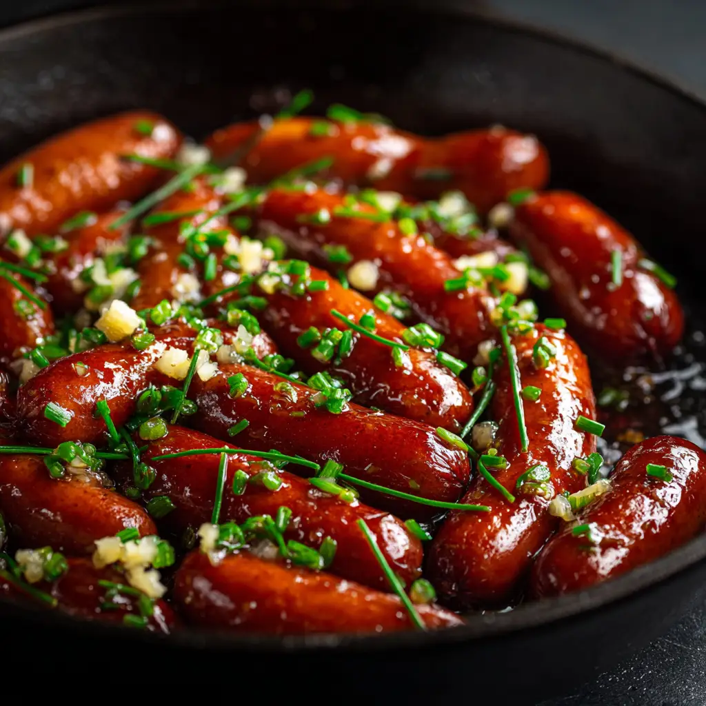 A serving bowl filled with sweet and spicy crockpot lil smokies, garnished with fresh green onions.