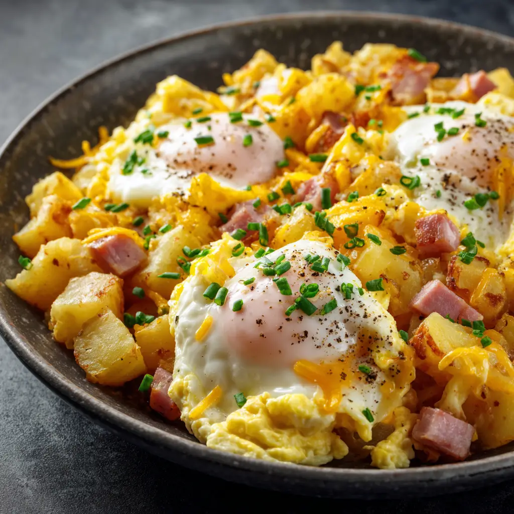A spoonful of the cheesy potato egg scramble being lifted from the skillet, showcasing the delicious combination of ingredients in this hearty breakfast recipe.